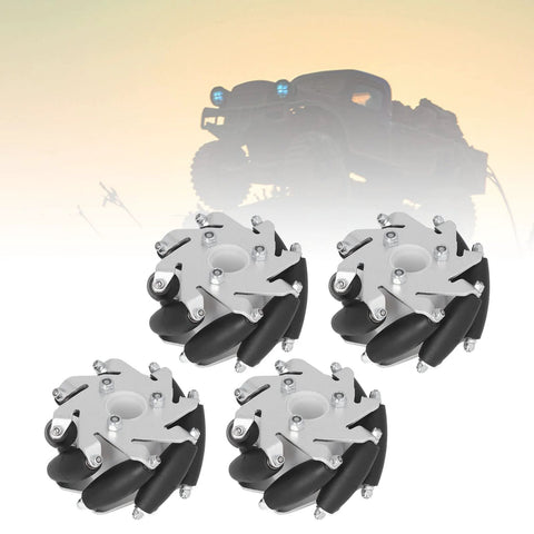 4 Pcs Mecanum Wheel 60mm Omni Directional Wheel Aluminum DIY Smart RC Robot Left Right Drive Components With Rubber Rollers visible in front of car