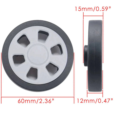 Front and side view of 60mm Diameter 12mm Wide Replacement Suitcase Wheels Kit for 360 Spinner Luggage, universal rubber swivel casters.