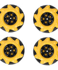 Set of four yellow and black Mecanum Wheel 60mm, OmniDirectional Smart Robot Car Parts with unique roller designs.