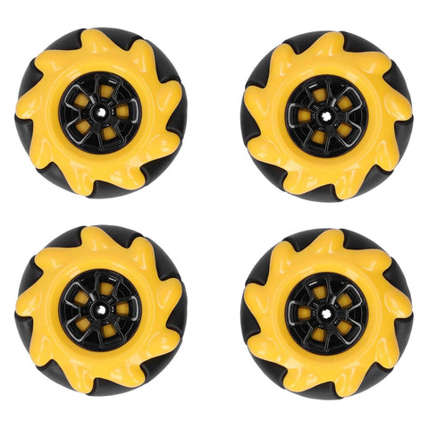 Set of four yellow and black Mecanum Wheel 60mm, OmniDirectional Smart Robot Car Parts with unique roller designs.