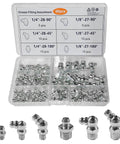 60 Piece Galvanized Grease Fittings Kit With 1 Quarter Inch And 1 Eighth Inch Zerk Fittings in storage case, includes various angles