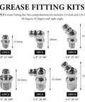 Diagram of 60 Piece Galvanized Grease Fittings Kit With 1 Quarter Inch And 1 Eighth Inch Zerk Fittings, includes angles and dimensions