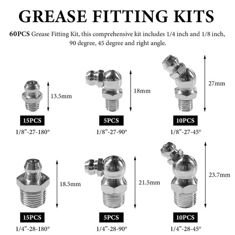 Diagram of 60 Piece Galvanized Grease Fittings Kit With 1 Quarter Inch And 1 Eighth Inch Zerk Fittings, includes angles and dimensions