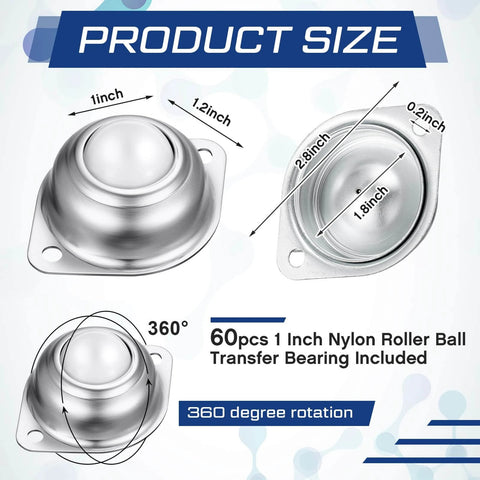 Infographic showing 60 Pcs 1 Inch Nylon Roller Ball Transfer Bearings with 360-degree rotation dimensions for conveyor systems.