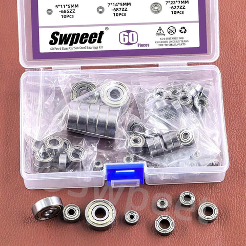 60pcs Ball Bearings Assortment Kit with 693ZZ 623ZZ 624ZZ 685ZZ 687ZZ 627ZZ, carbon steel, deep groove, double shielded, in case