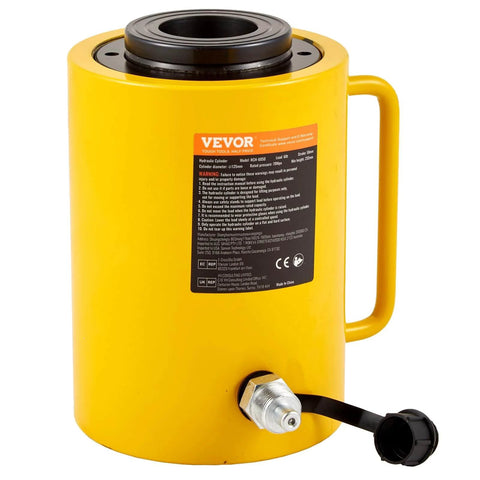 Yellow 60T 2 Inch Hydraulic Cylinder Jack Hollow Single Acting Hydraulic Ram Cylinder with handle and valve, industrial use.