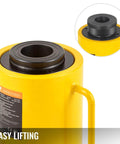 Close-up view of yellow ✝️ 60T 2 Inch Hydraulic Cylinder Jack Hollow Single Acting Hydraulic Ram Cylinder with handle