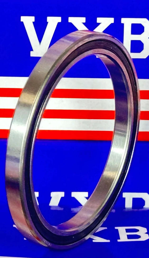 60x75x7mm Extra Thin Section Ball Bearing displayed with rubber seal and chrome steel finish against a blue background.