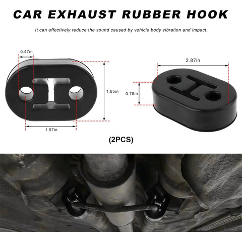 Two Pack Car Exhaust Hanger Rubber Mounts With 0.47 Inch Insulator Bushing shown with dimensions and installed on exhaust pipe