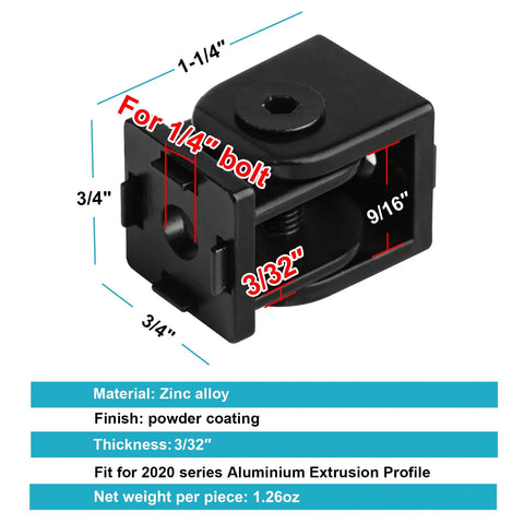 Eight Pack Black Pivot Joint Hinges For 2020 Aluminum Extrusion Profiles With Zinc Alloy, Black Powder Coat Finish, Pre Drilled Quarter Inch Bolt Holes, diagram with measurements.