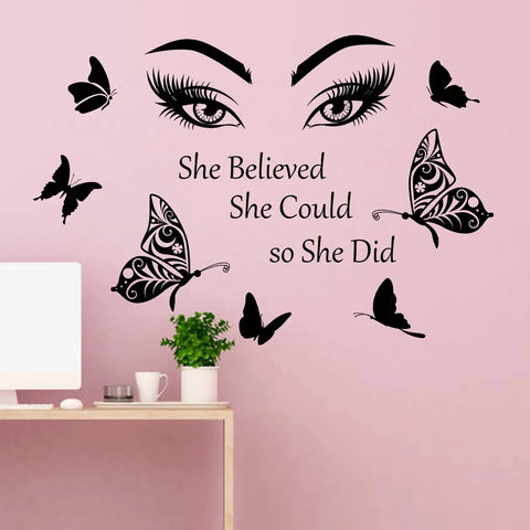 Motivational Wall Decal Set Featuring Eyelash Eyes Big Eye Wall Art And She Believed She Could So She Did Quote on pink wall