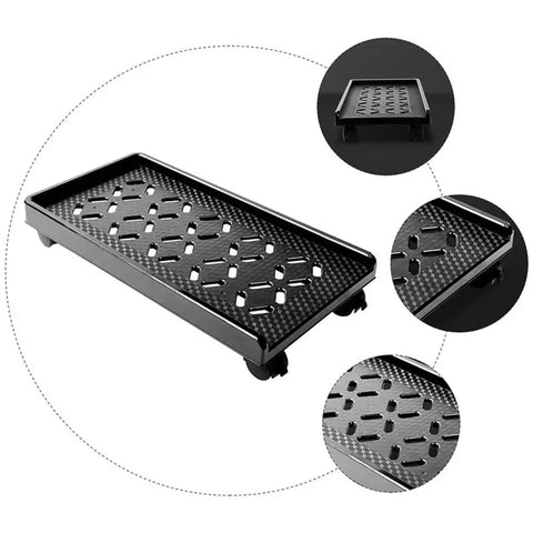 Rig Ready Rolling Computer Tower Stand With Top Tier Crossflow Ventilation And Smooth Glide Casters for sturdy PC case holder, black frame.