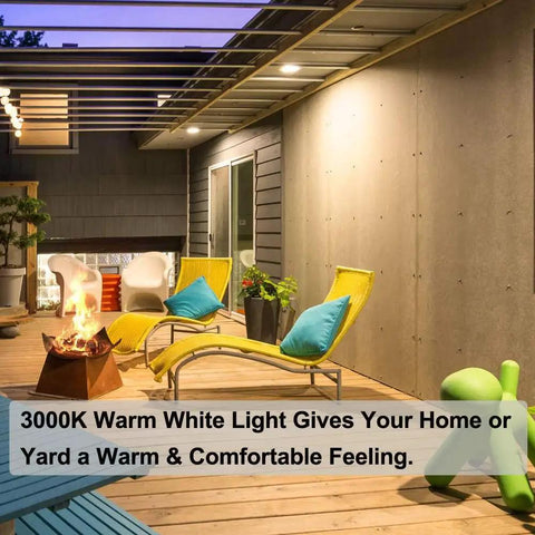 Heavy Duty Par30 Short Neck Flood Bulb Cranks Out A Bold 1000 Lumens Of Smooth 3000k Warm White Glow For Living Rooms And Driveways With Standard E26 Sockets, illuminating a cozy outdoor space.