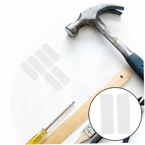 Pro Grade Nylon Hidden Fasteners For Wood Shelves And Cabinets 100 Pack concealed furniture connectors on a work surface with tools.