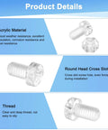 Product details of 30 Piece Clear Acrylic Plastic Screws And Hex Nuts Kit, M6x10mm showing round head and thread design.