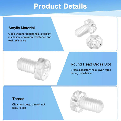 Product details of 30 Piece Clear Acrylic Plastic Screws And Hex Nuts Kit, M6x10mm showing round head and thread design.