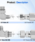 3/8 Inch Male JIC 37 Degree Flare To 1/2 Inch Male SAE ORB 90 Degree Elbow Hydraulic Adapter Twin Pack For Heavy Duty Fluid Lines SAE J514 J1926 Compatible Durable Port Fittings, silver metal