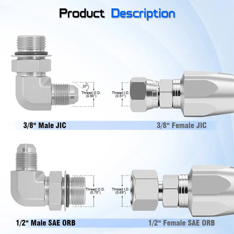 3/8 Inch Male JIC 37 Degree Flare To 1/2 Inch Male SAE ORB 90 Degree Elbow Hydraulic Adapter Twin Pack For Heavy Duty Fluid Lines SAE J514 J1926 Compatible Durable Port Fittings, silver metal