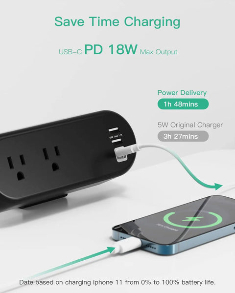 Power Strip Desk Clamp With USB C PD 18W And USB A Ports 10 Foot Flat Plug Extension Cord charging iPhone with 2 AC outlets