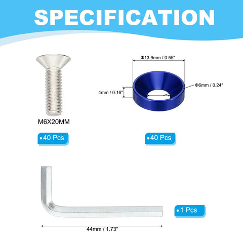 M6X20MM pan head screw, blue anodized washer, and hex key for Hardcore M6 Countersunk Washer Kit With Anodized Aluminum Flat Washers And Pan Head Screws Offering A Badass 40 Piece Hardware Set Built For Rough Diy Projects And Quick Fix Garage Jobs In Bright Blue.