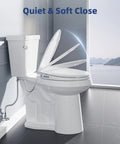 White Elongated Bidet Toilet Seat With Soft Close Lid showing dual nozzles and brass supply link next to porcelain bowl.