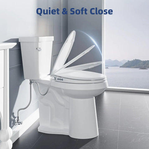 White Elongated Bidet Toilet Seat With Soft Close Lid showing dual nozzles and brass supply link next to porcelain bowl.