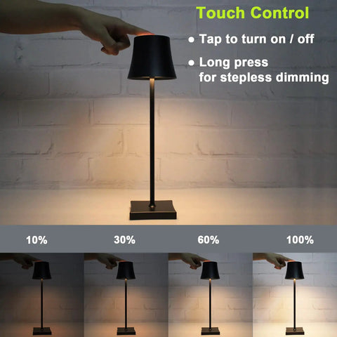 Rechargeable Cordless LED Table Lamp With 5200mAh Battery, All Aluminum Body, IP54 Waterproof, Cozy Warm Glow, Touch Dimming in use.