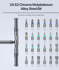 24 In 1 Magnetic Screwdriver Set For DIY Pros And Weekend Warriors Mini Ratchet Tool Kit with 24 steel bits displayed