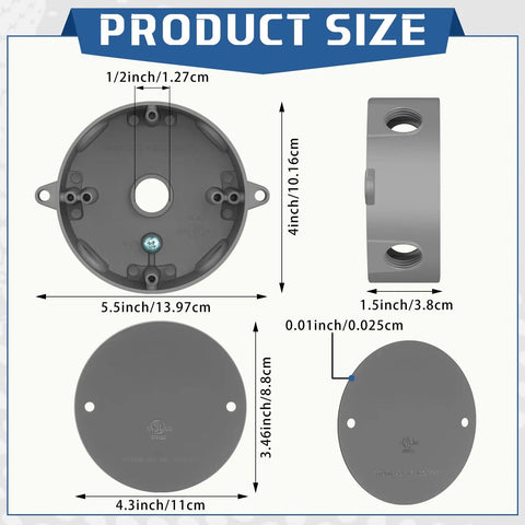Diagram of 4 Pack 4 Inch Round Old Work Electrical Boxes With Covers Weatherproof Outdoor Outlet Junction Box dimensions