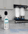 Noise meter showing 62 decibels with 36 Inch Range Hood With 900 CFM Dual Motors Black Under Cabinet Kitchen Vent Hood operating in the background