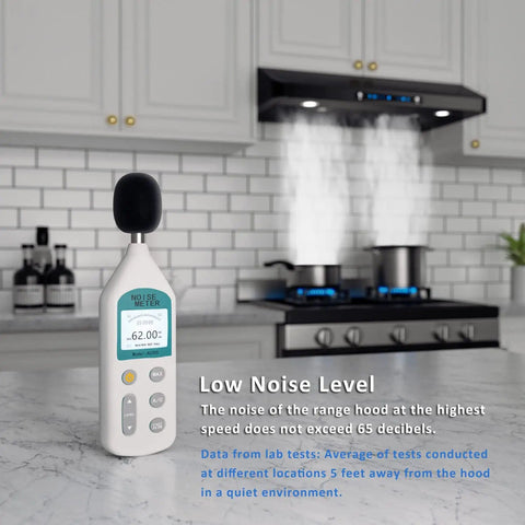 Noise meter showing 62 decibels with 36 Inch Range Hood With 900 CFM Dual Motors Black Under Cabinet Kitchen Vent Hood operating in the background