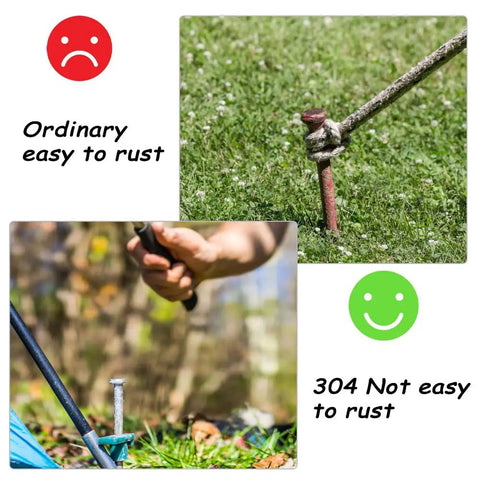 Comparison of standard stake vs Tough As Nails 6 Inch Stainless Steel Patio Rug Stakes Set, highlighting rust resistance.