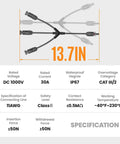 Dimensions and specifications of Beefy Heavy Duty Solar Y Branch Splitter 3 Way Parallel Connector for up to 6 panels 1000V CE TUV certified.