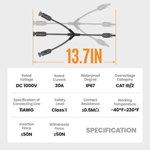 Dimensions and specifications of Beefy Heavy Duty Solar Y Branch Splitter 3 Way Parallel Connector for up to 6 panels 1000V CE TUV certified.