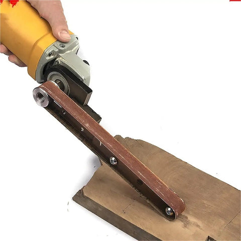 Upgrade Your Angle Grinder With This Solid Belt Sander Converter For Woodworking, shown in use on wood for DIY sanding.