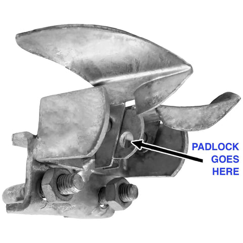 Close-up of Heavy Duty Galvanized Butterfly Gate Latch showing padlock hole, secure for chain link fence setups.