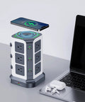 65W PD Power Strip Tower Surge Protector with 12 widely spaced AC outlets, 2 USB C ports, 3 USB A ports next to a laptop