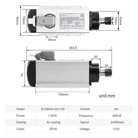 CNC Spindle Motor Kit 110V 1.5KW ER16 High Speed Spindle 0 To 24000 RPM With VFD Ready Drive dimensions and specs chart