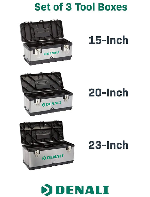 Denali Tool Box Set Of 3 With Metal Latches, Workhorse Heavy Duty Steel Construction, showing 15, 20, and 23-inch chests.