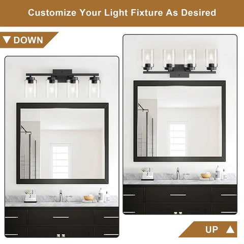 Top Shelf Four Light Bathroom Vanity Fixture With Slick Matte Black Frame And Knockout Clear Glass Shades above mirror view