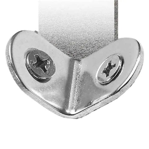 Close-up of Rock Solid L Corner Brackets 100 Pack Stainless Steel with screws for wood furniture cabinets and shelves.