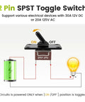 Diagram of Waterproof Toggle Switch 12V DC 30A Heavy Duty 2 Pin SPST On Off With Panel Mount for car and boat applications.