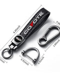 Premium Leather Car Keychain With Coyote 5 0 Emblem And Built In Screwdriver Tool Heavy Duty Alloy Ring for Ford Mustang, dimensions shown.