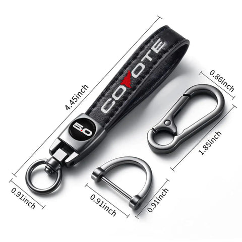 Premium Leather Car Keychain With Coyote 5 0 Emblem And Built In Screwdriver Tool Heavy Duty Alloy Ring for Ford Mustang, dimensions shown.