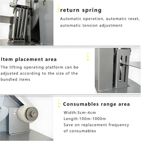 Compact Vegetable Strapping Machine Multi-Hole Bundler Adjustable Tension For Farm Pack Fruits And Veggies, showing adjustable item placement area.