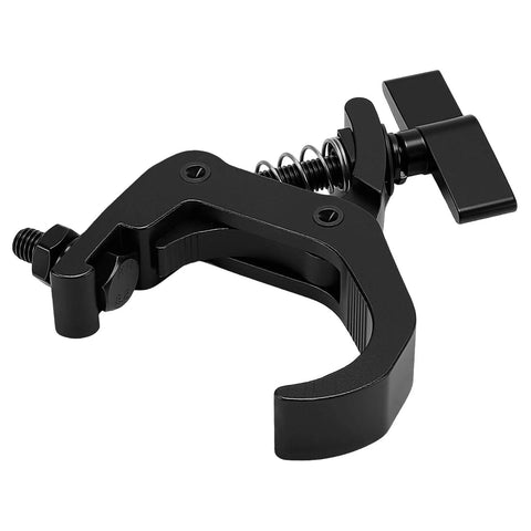 Black Beefy Heavy Duty Stage Light Truss Clamp For Moving Head Fixtures, adjustable aluminum, fits 40-60mm truss tubes, side view.