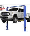 Pro Shop Workhorse Two Post Vehicle Overhead Lift Featuring Double S Shape Columns And Smooth Power Pump for a Ford truck in the air.