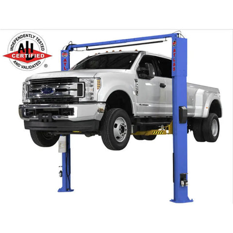 Pro Shop Workhorse Two Post Vehicle Overhead Lift Featuring Double S Shape Columns And Smooth Power Pump for a Ford truck in the air.