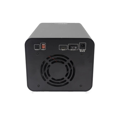 Back view of Plug And Play Dual Bay Raid Hard Drive Enclosure with Type-C port and fan for efficient cooling.