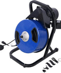 Heavy Duty Electric Drain Snake With Sixty Foot Flex Cable And Foot Switch That Busts Stubborn Clogs Like Nobody Business Featuring One Third HP Motor And Four Swappable Cutters For No Nonsense Plumbing Work on a sturdy stand with interchangeable heads.